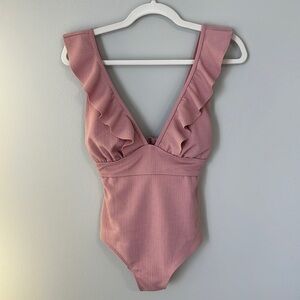 NWT Kara and Kate Blush Pink Ruffled Shoulder Tie Back Bathing Suit